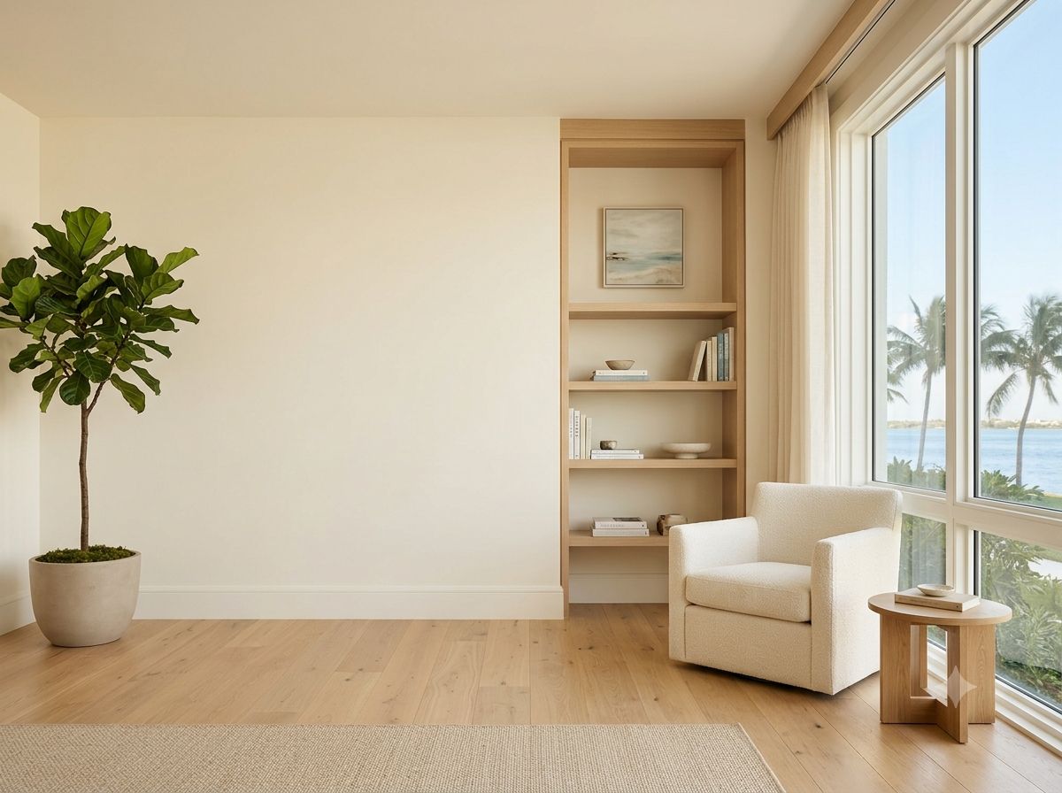 A bright, coastal-modern living room in Palm Beach County with light wood floors and a window overlooking palms and water