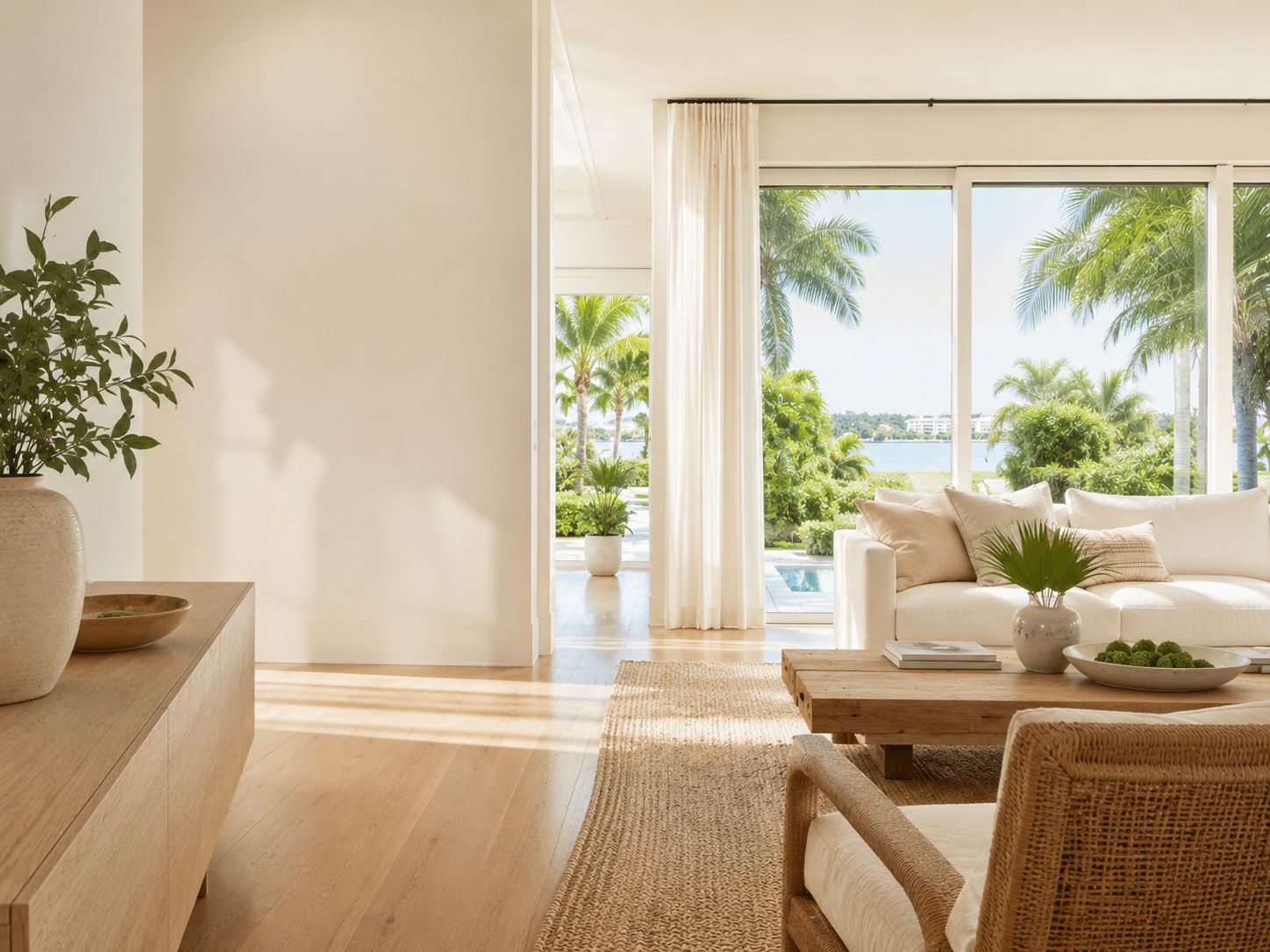 A coastal-modern Palm Beach County living room opening through sliding doors to palms and the water