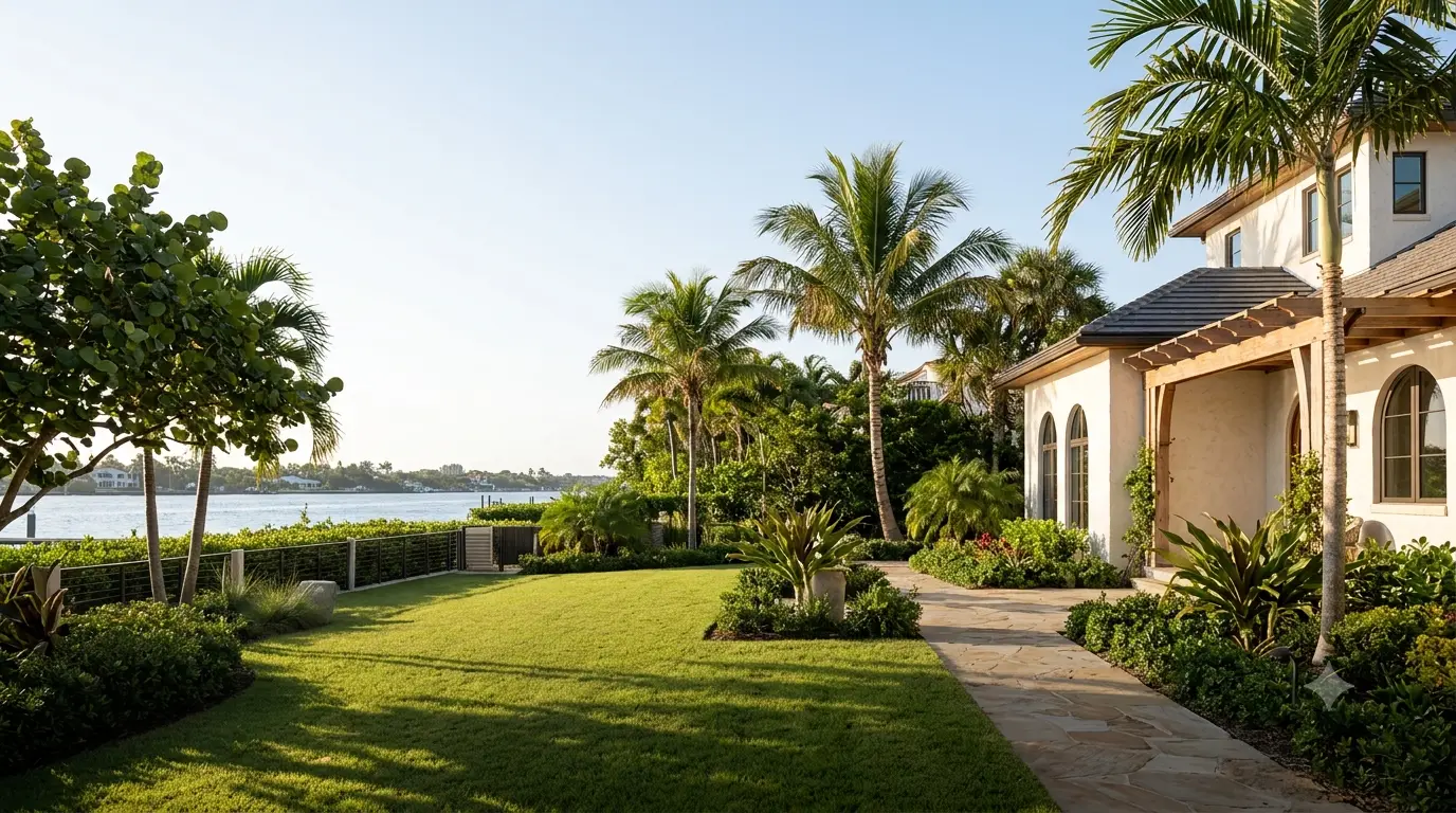 Waterfront Palm Beach County estate with palms and a manicured lawn overlooking the Intracoastal at golden hour