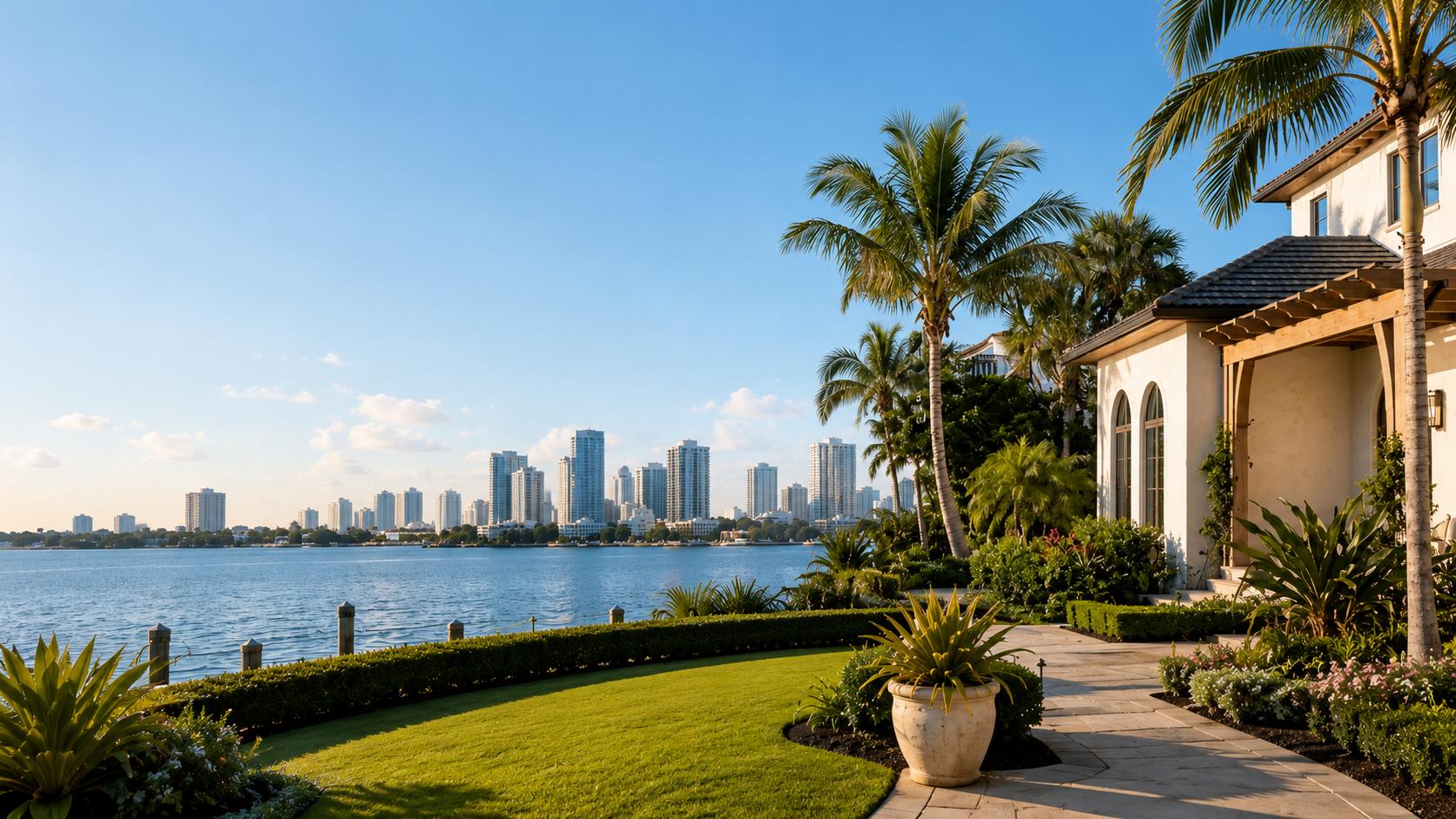 A waterfront Palm Beach County home framed by palms, looking across the Intracoastal Waterway to the downtown West Palm Beach skyline