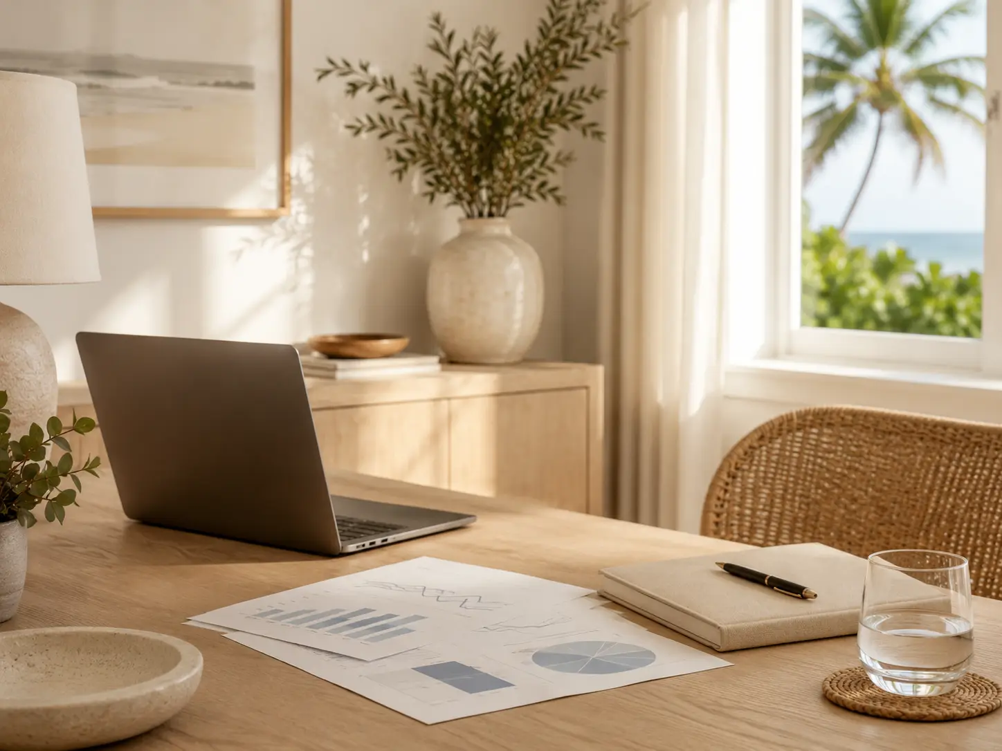 A sunlit home office desk with an ocean and palm view