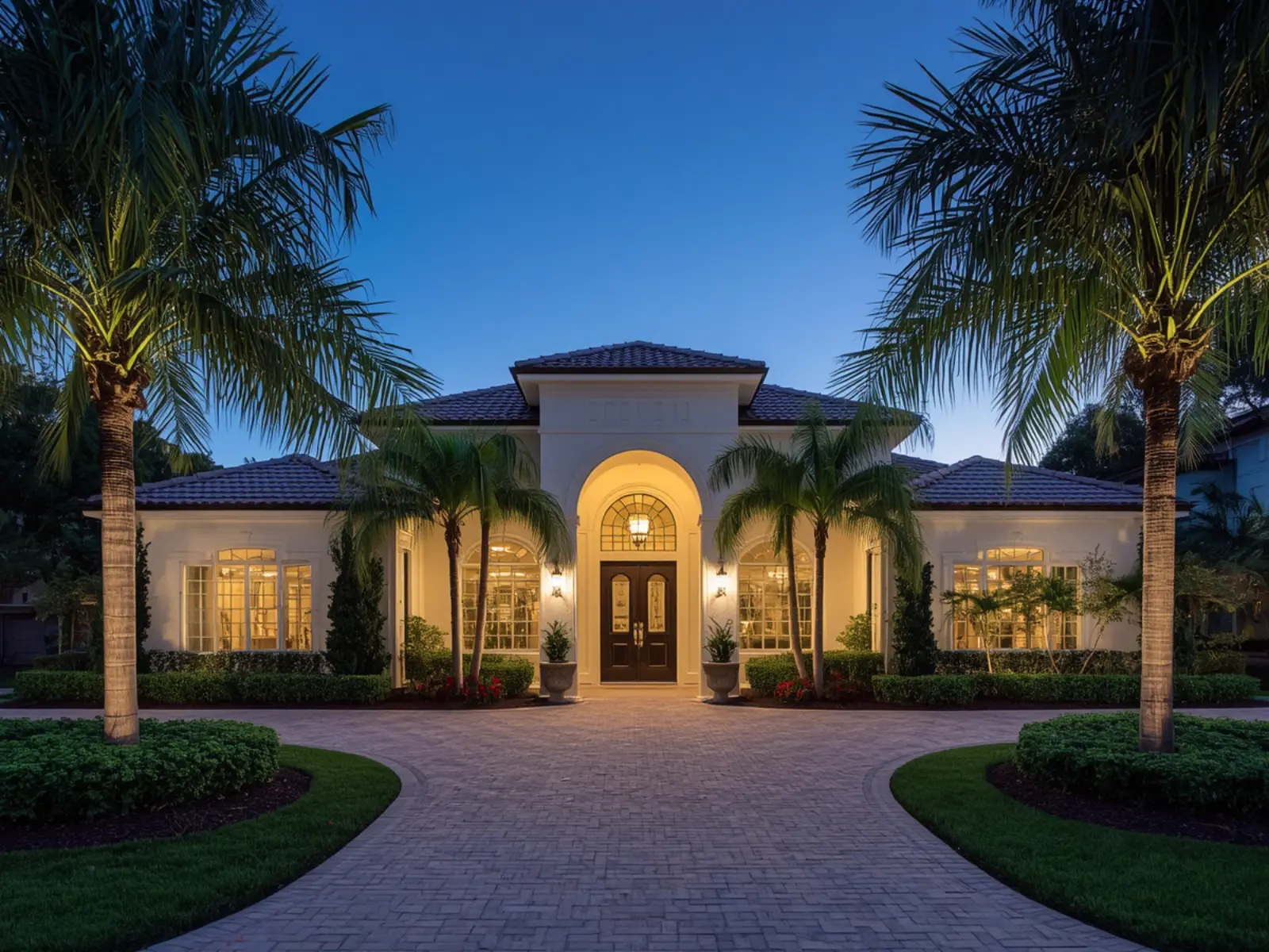 A palm-lined Palm Beach County estate lit at dusk