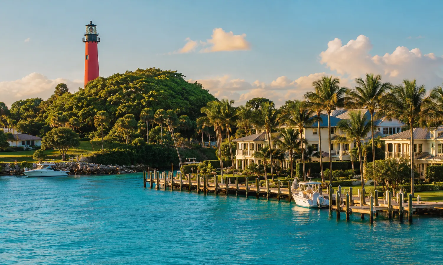 Illustrated lighthouse, river, and coastline representing Jupiter, Florida