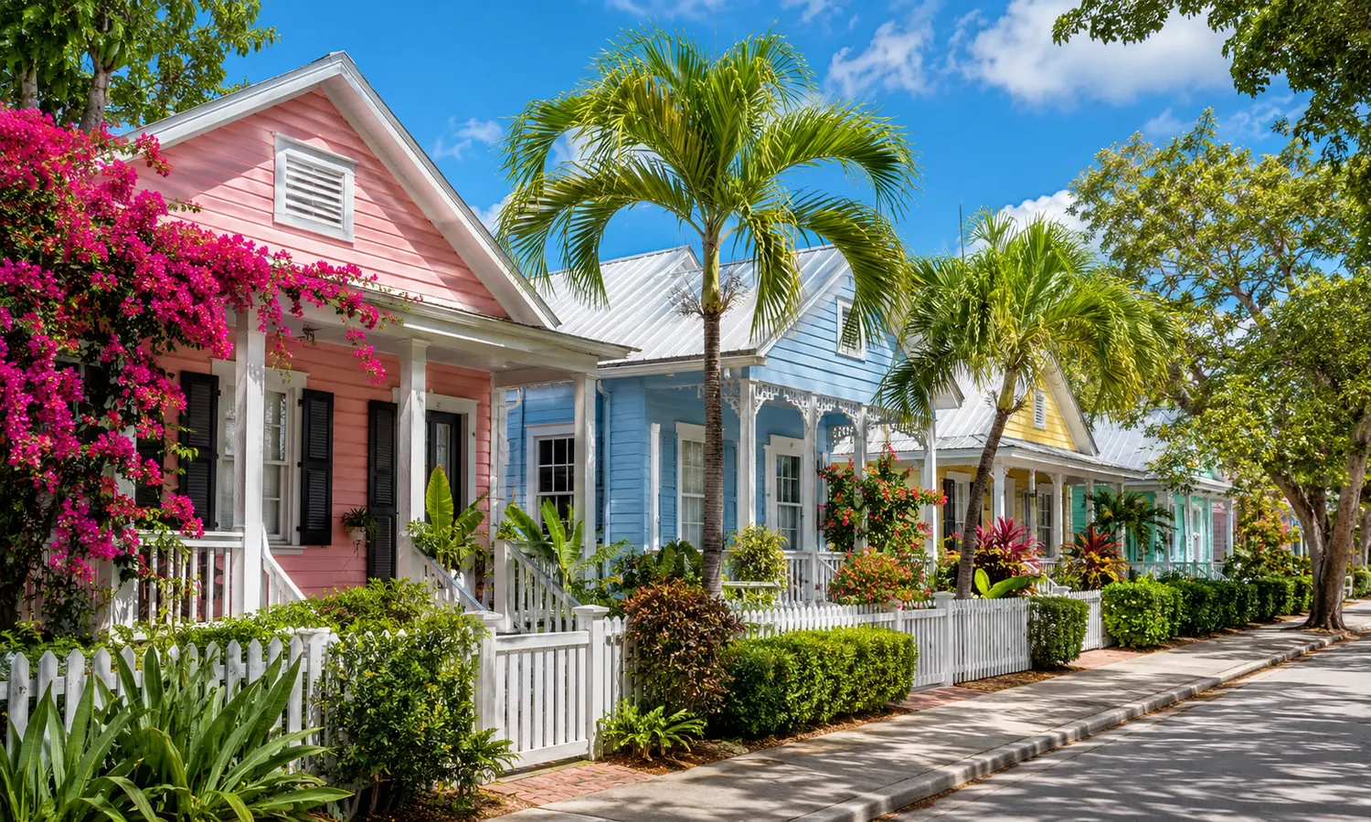 Colorful historic cottages with picket fences and palms in Lake Worth Beach, Florida
