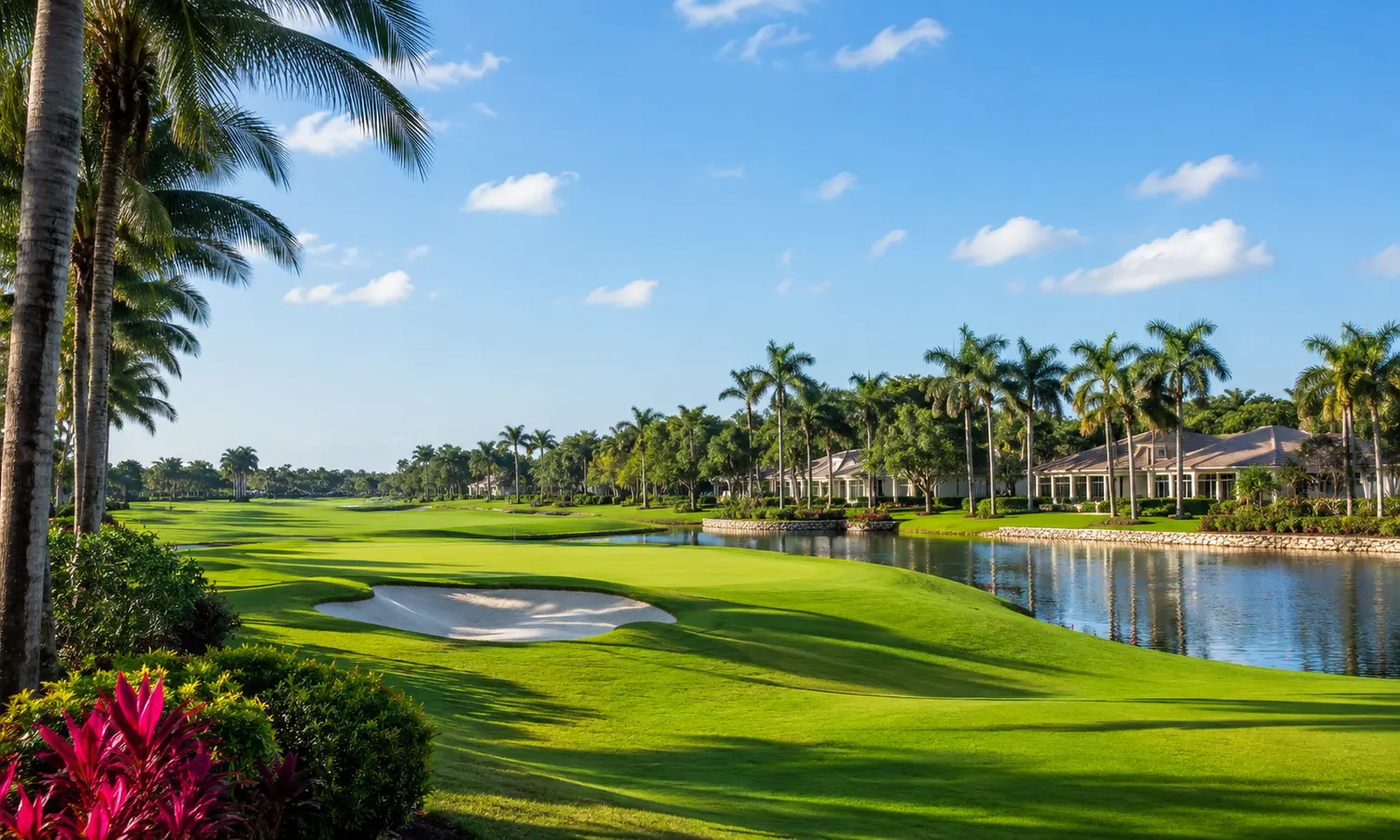 Illustrated tree-lined boulevard and golf greens representing Palm Beach Gardens, Florida