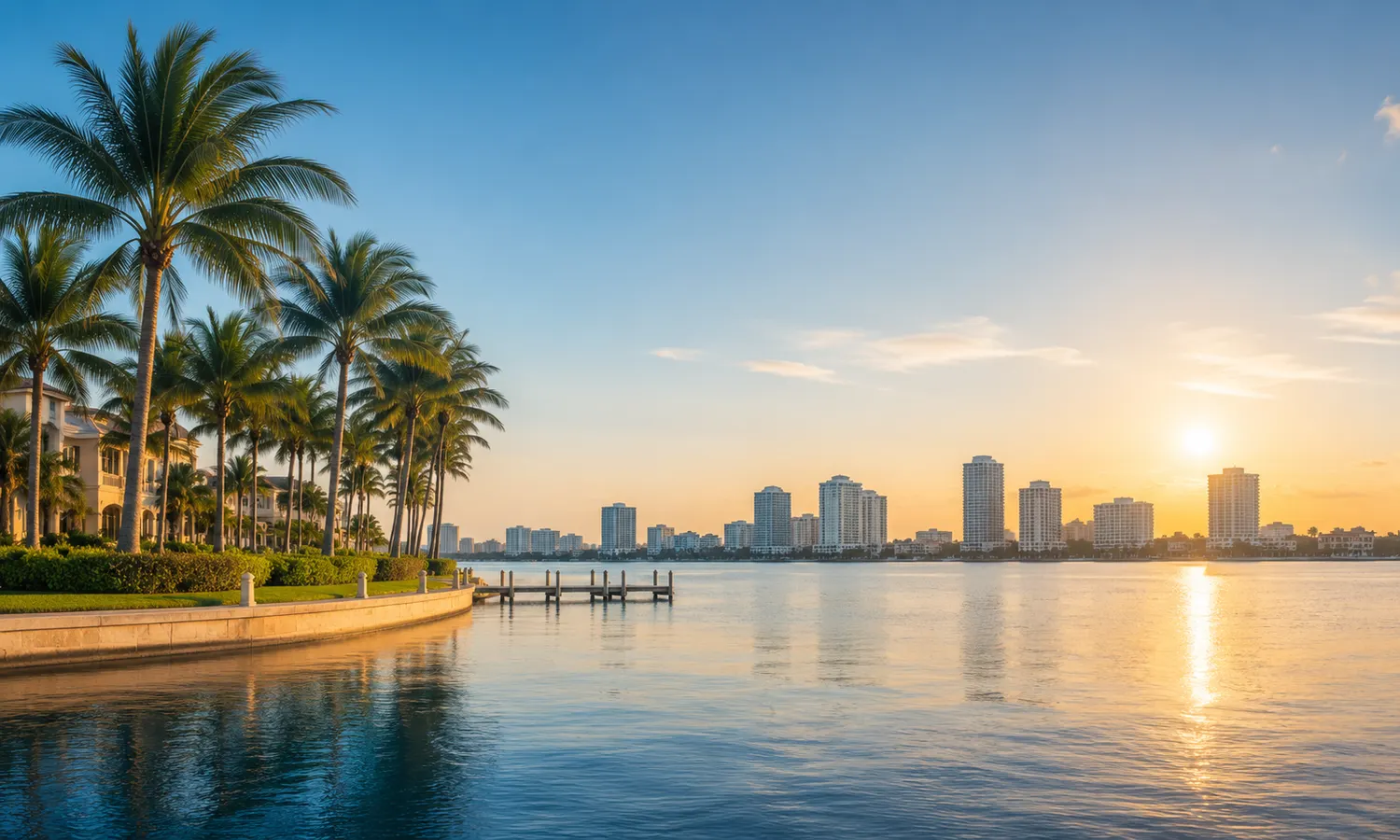 Illustrated downtown waterfront skyline representing West Palm Beach, Florida